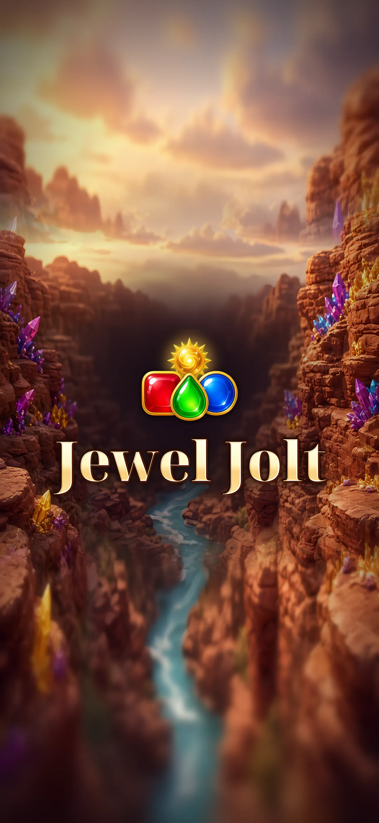 Jewel Jolt logo, a red, green and blue gem under a golden sun stone, over a canyon with a river at sunset.