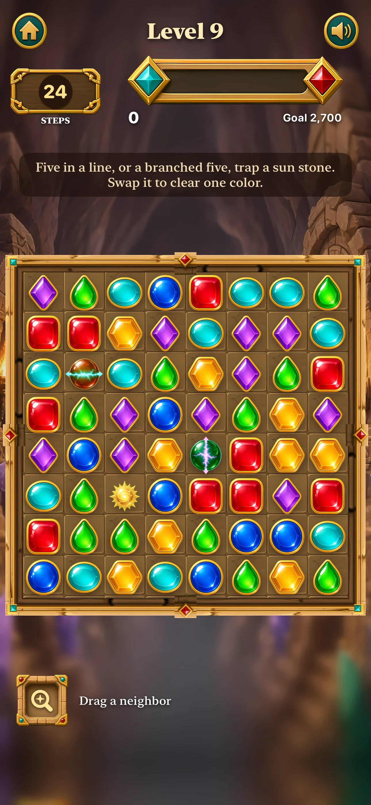 Level 9 board with a golden sun stone and fault stones among purple, teal, red and green gems, and a tip explaining that five in a line traps a sun stone.