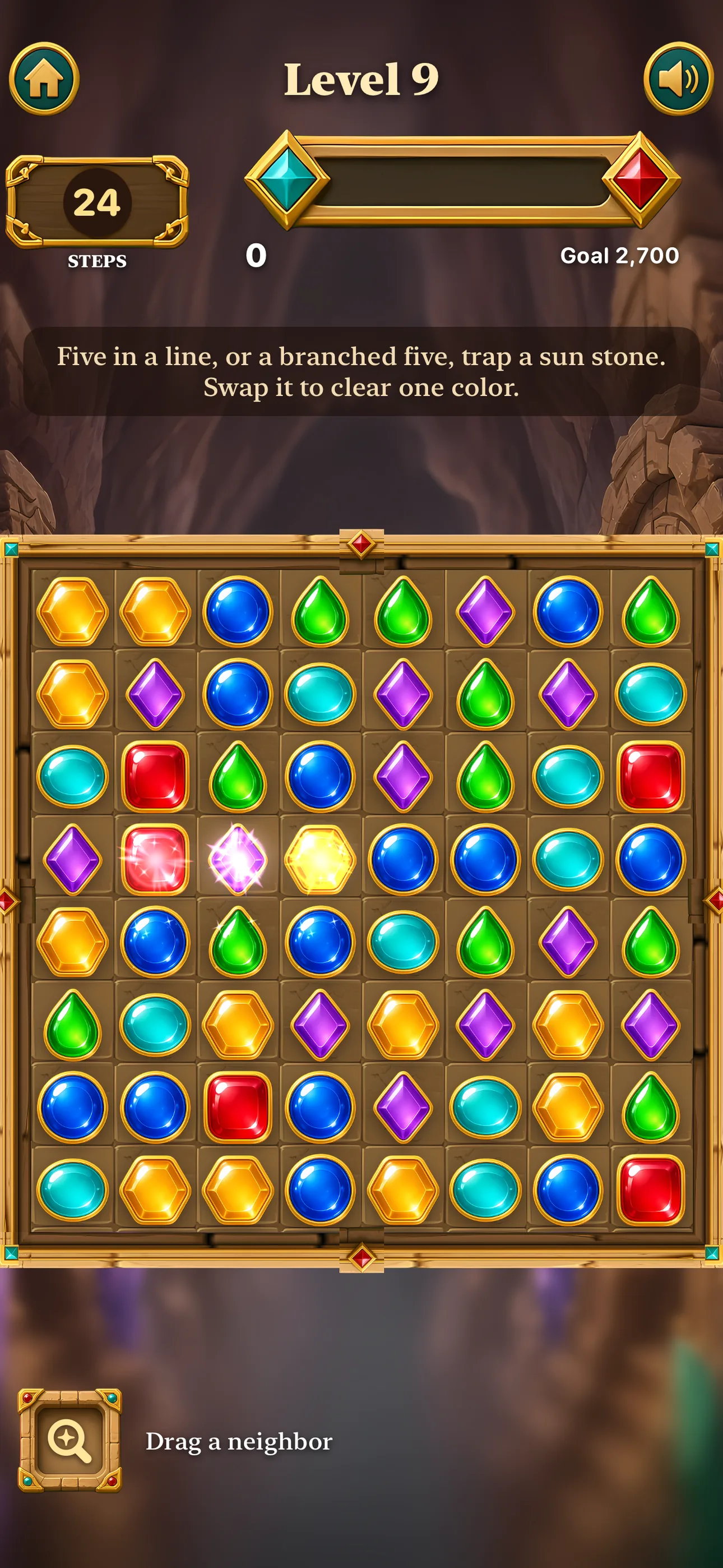 Level 9 mid-cascade, with glowing gems lighting up as a chain clears across the board.