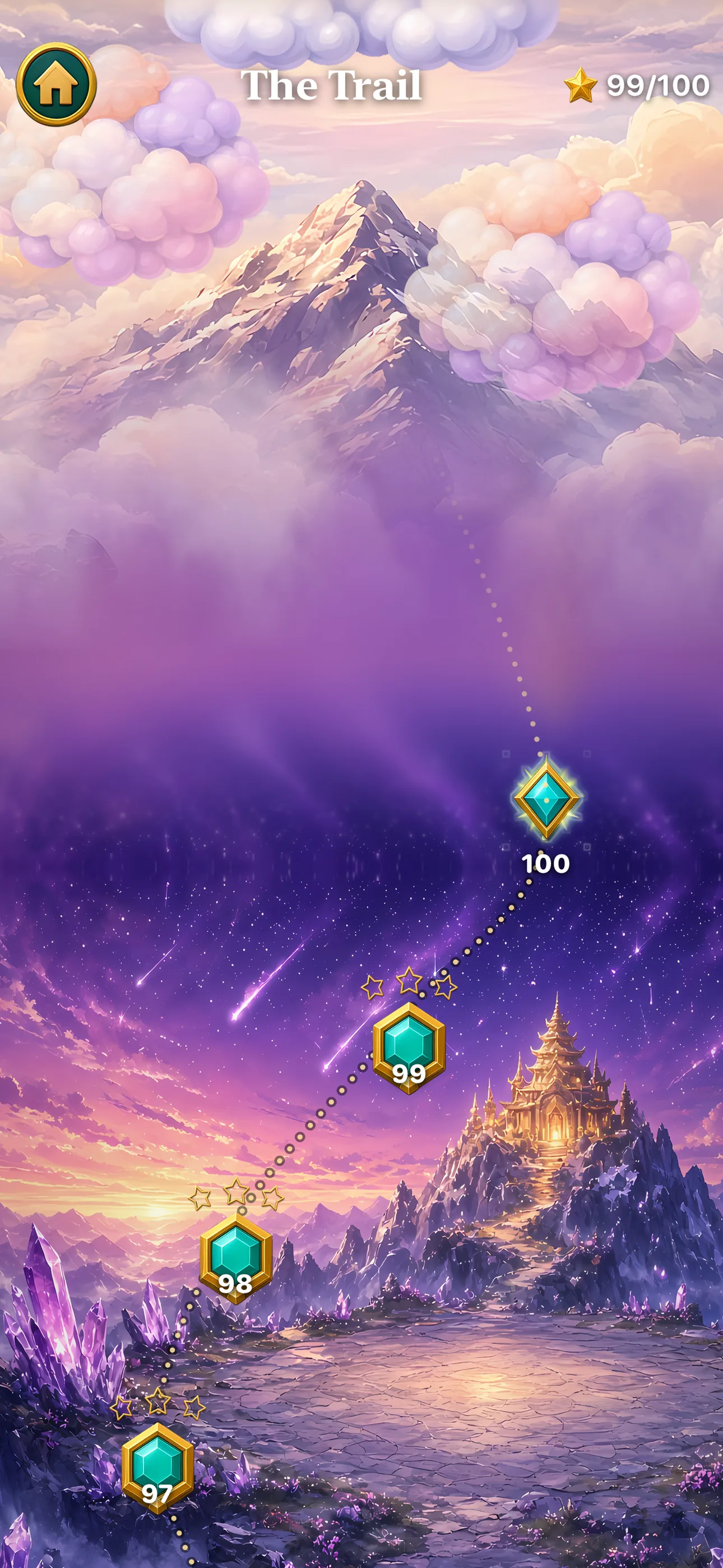 The trail map near the summit, with level nodes 97 to 100 climbing toward a glowing peak under purple clouds.